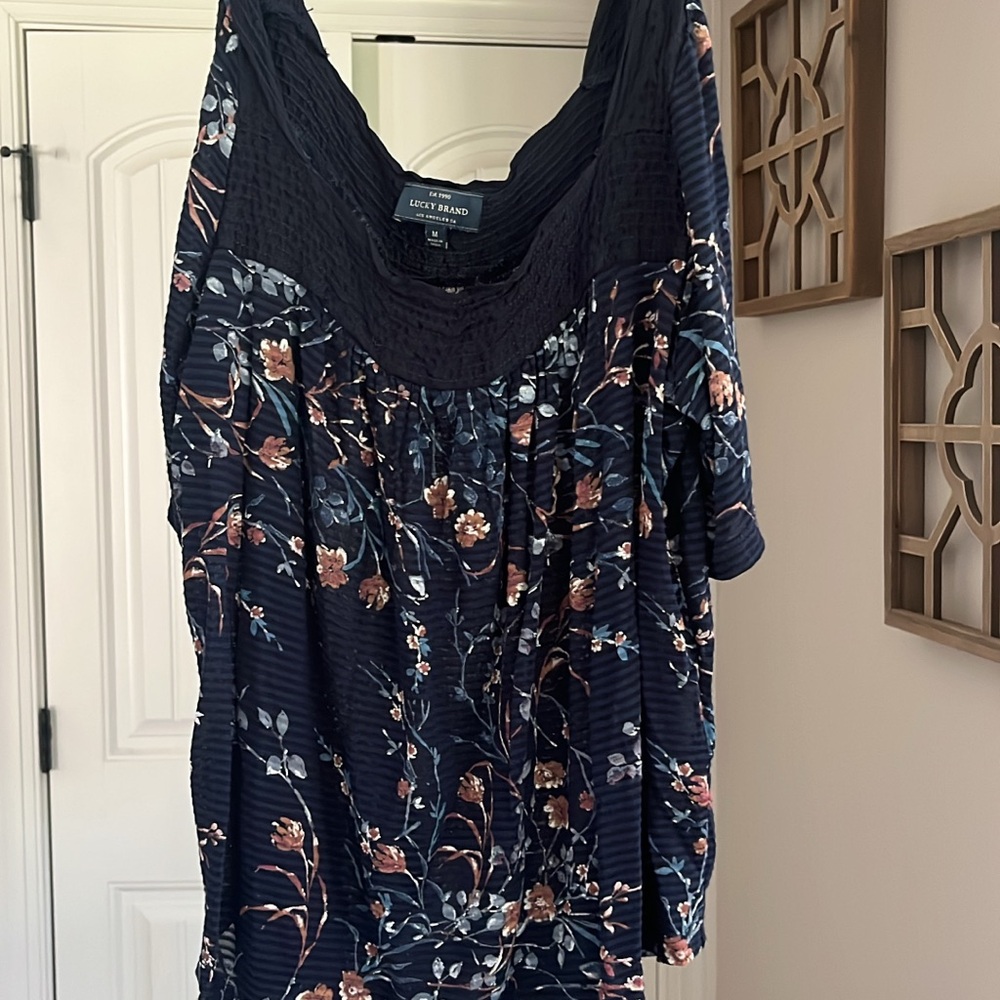 Lucky Brand Blue and Pink Ruffled Short Sleeve Blouse